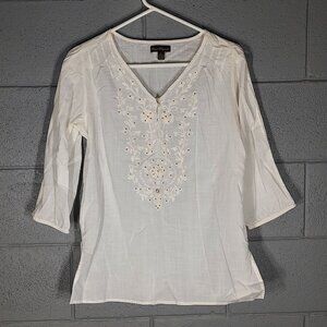 Sweet Magnolia Bohemian Embroidered Tunic Shirt - Cream  - Small